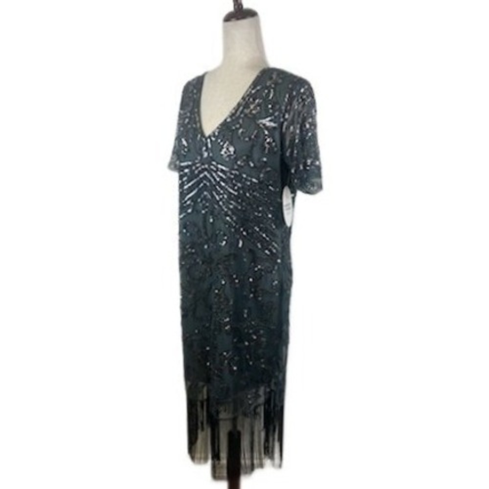 Unique Vintage‎ Flapper Dress Silver Sequin Fringe Great Gatsby Party Size XL